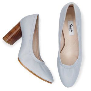 NEW Clarks Grace Eva Leather Comfort Heels Size 8.5M Grey Blue Block Heel